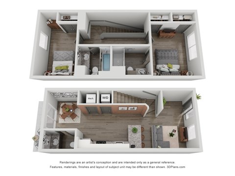 Floor plan for 2 beds, 2.5 baths, 1064 sqft